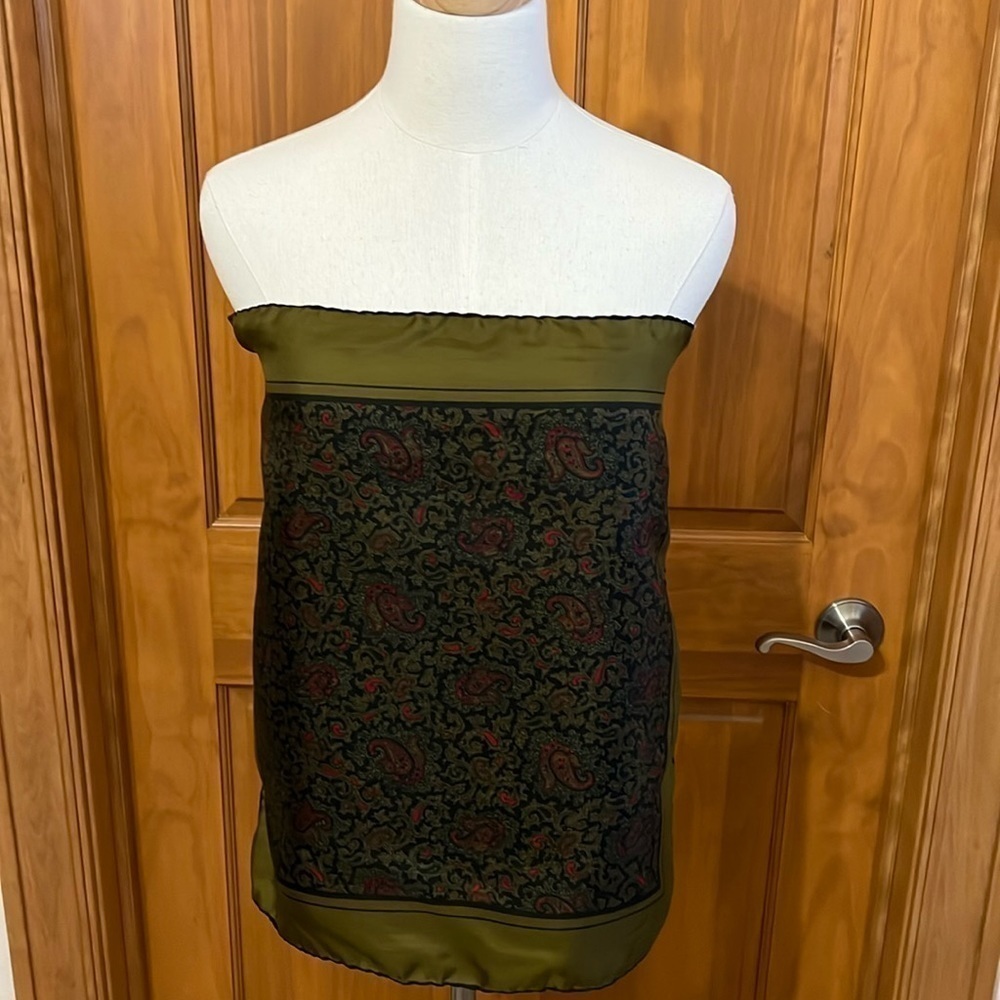 Vintage Christian Dior Silk Scarf 18x18in Olive Green and Paisley - Picture 2 of 3